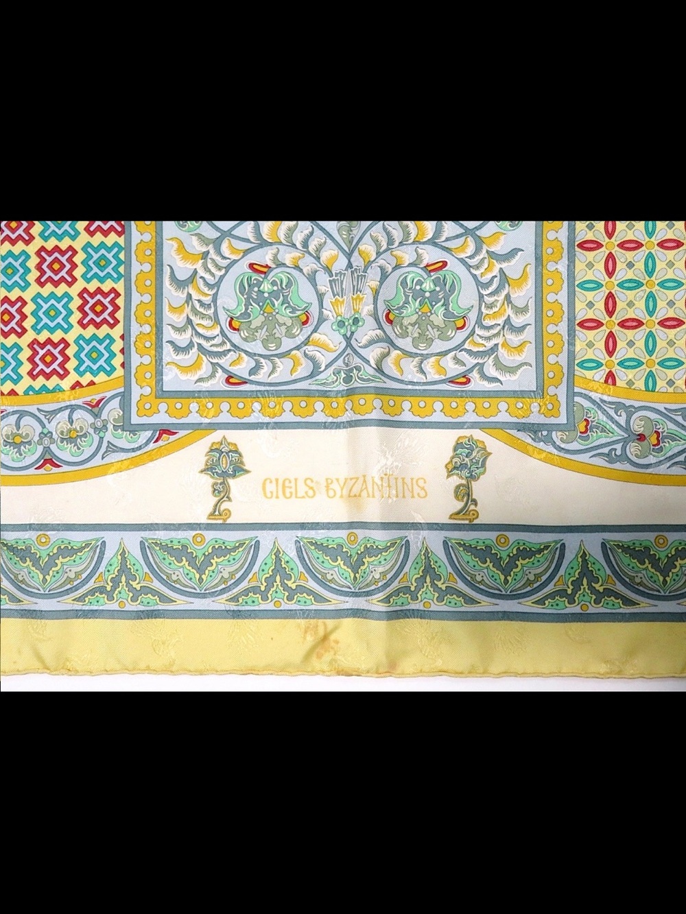 Hermes Yellow, Blue and Green Silk Scarf with Geometric Medallion Motif - Picture 8 of 13